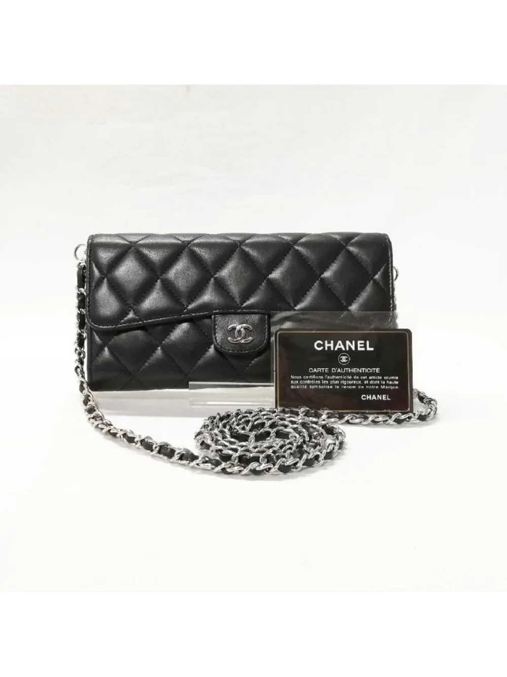 Chanel Lambskin Quilted Wallet Black Silver